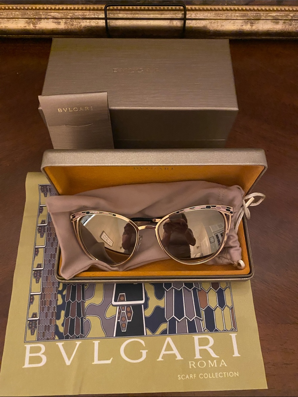 BVLGARI Serpenti Rose Gold Cat-Eye Sunglasses with Mirrored Lenses